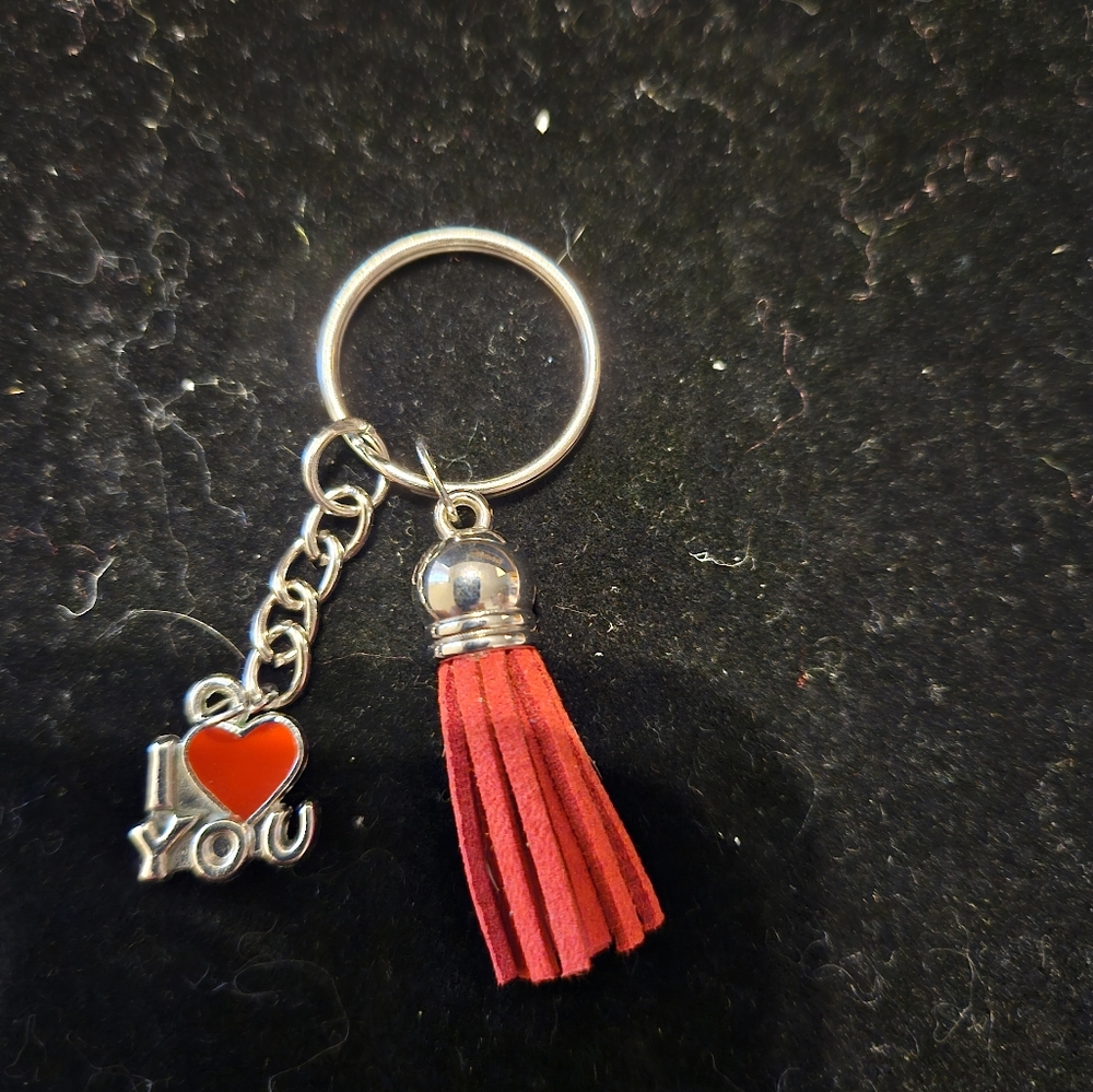 Keychain 'I Love You' Silver Tinted Pendant with Red Tassal - Hand Assembled